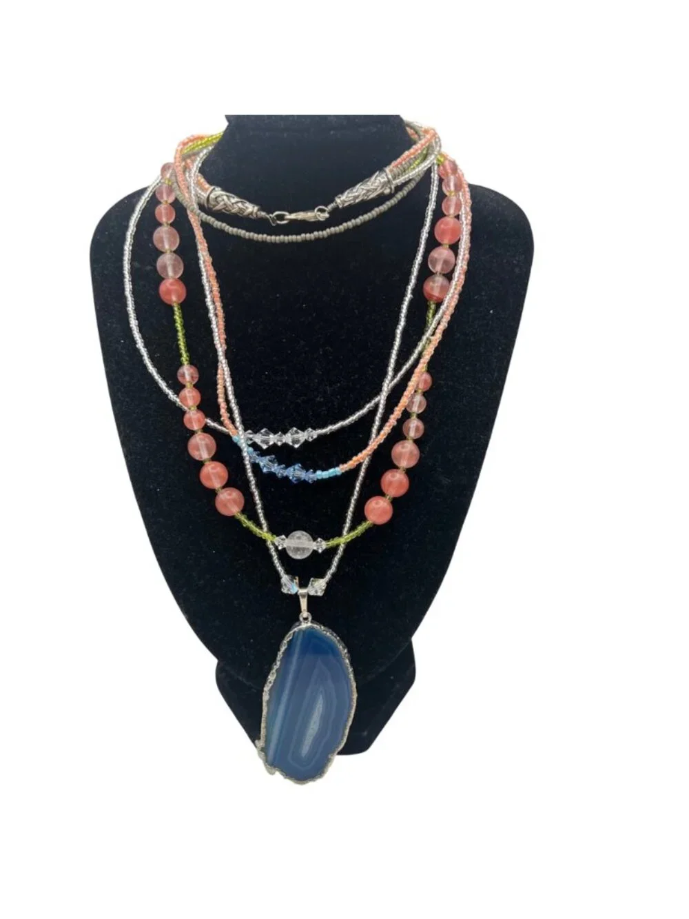 Blue Agate Slice Pendant Necklace Multistrand Beaded Boho Pink Green Glass Layer - Picture 2 of 15